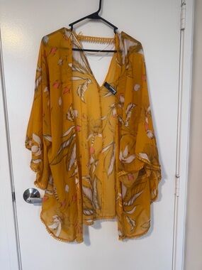 Express Mustard Floral Kimono Cover-Up